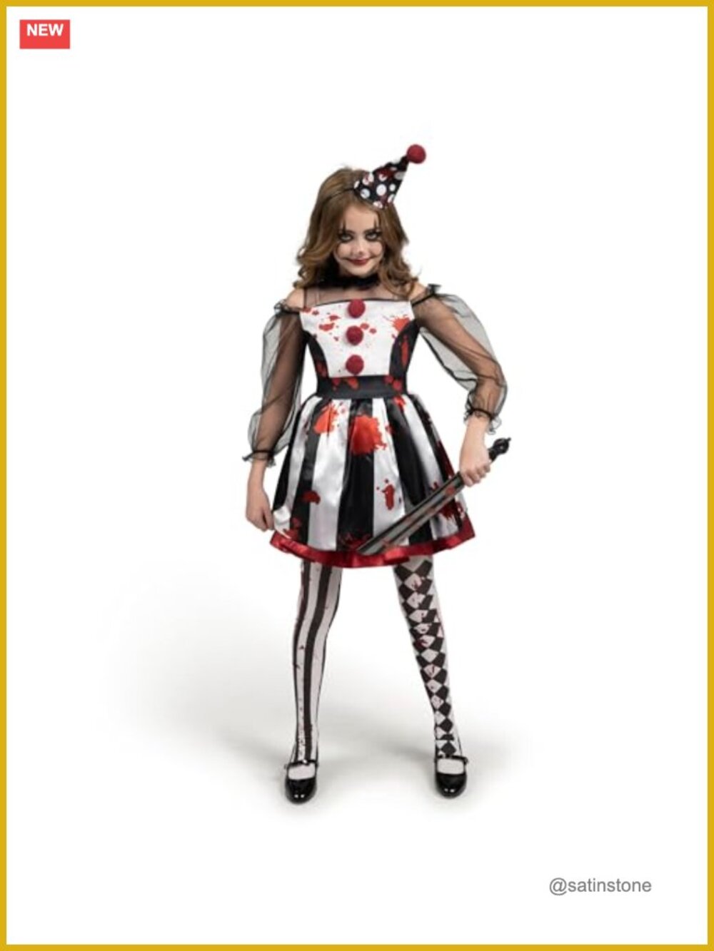 Girls Scary Clown Costume Jester Dress Headband Leggings Set